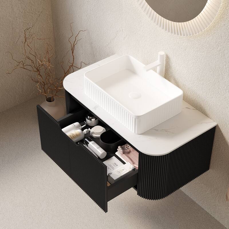 36" Bathroom Vanity Sink, Floating Curved Edges Striped Bathroom Storage Cabinet with Drawer, Rectangular Ceramic Basin Carrara