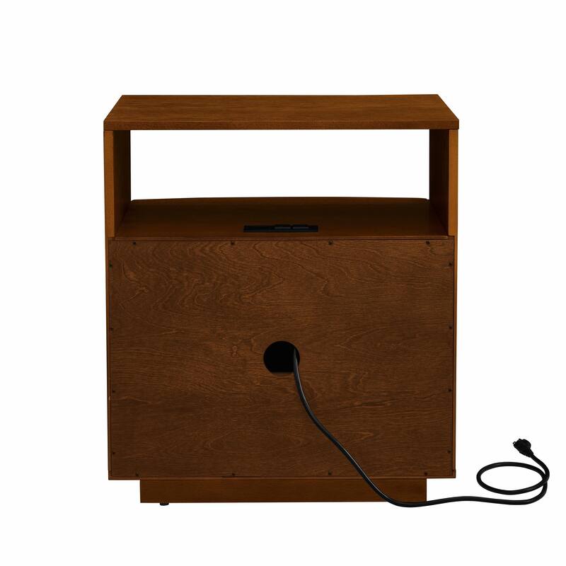 Mid Century Modern Nightstand with Charging Station & Outlet Hole & 2 Solid Wood Drawers