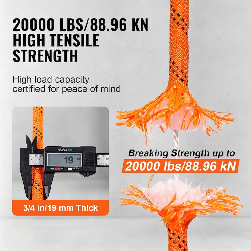 Double Braided Polyester Rope, 3/4 in x 220 ft, 24 Strands, 12700 LBS Breaking Strength Outdoor Rope, Arborist Rigging Rope