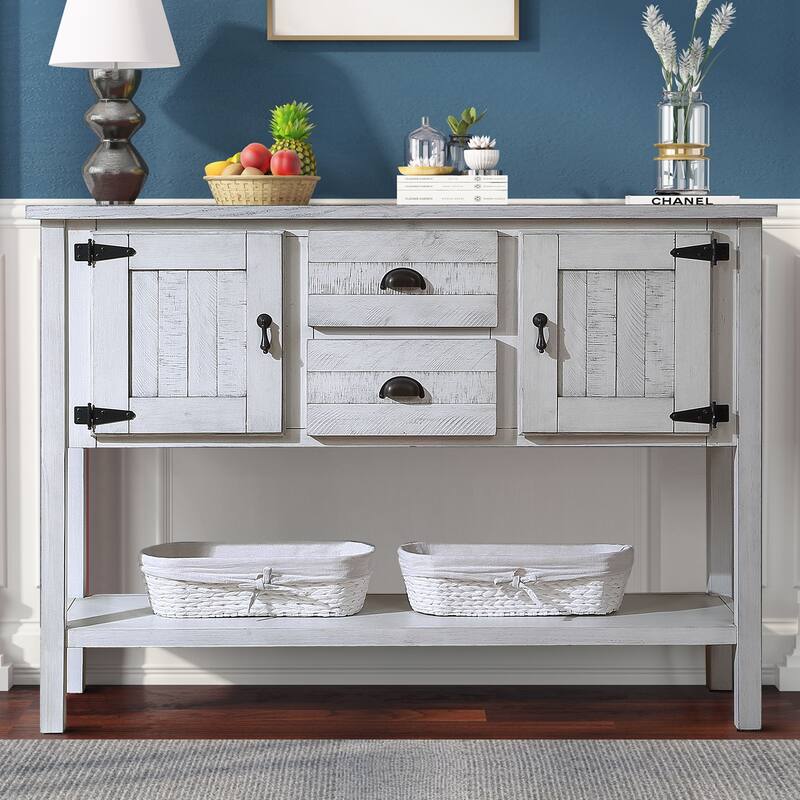 Vintage Industrial Style Wooden Console Table with Metal Handles and Hinges - Antique White