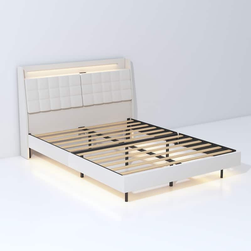 Beige Upholstered Wingback Bed Floating Bed Frame with LED Light, Charging Station, Flap Storage Headboard, No Box Spring Needed