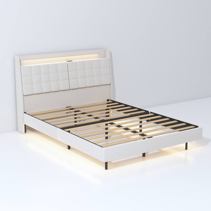 Floating King Bed Frame with LED Lights, USB Charging, and Hidden Storage, No Box Spring Needed, Beige