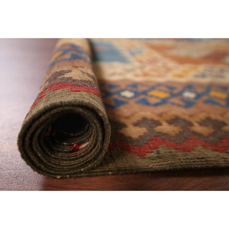 Kilim Qashqai Persian Vintage Rug Hand-Woven Beige Wool Carpet - 5'5"x 8'3"