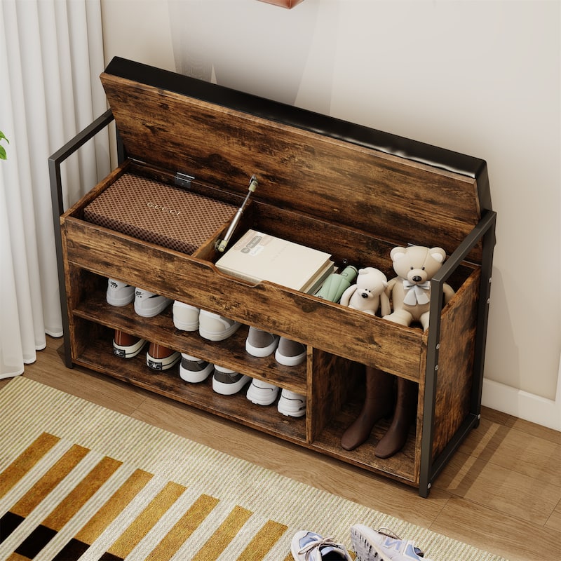 39" Wood Shoe Storage Bench with Cushion and Lift-Top Storage Box - Rustic Brown