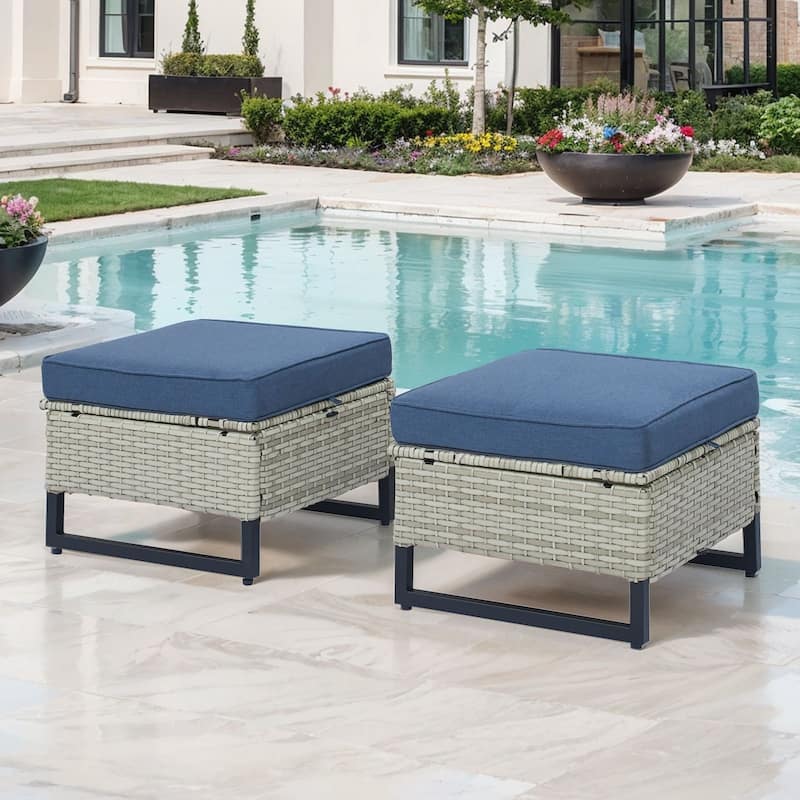 Gymojoy Outdoor Wicker Ottomans with Olefin Cushions - 2-Piece - Light Grey Wicker / Blue Cusion