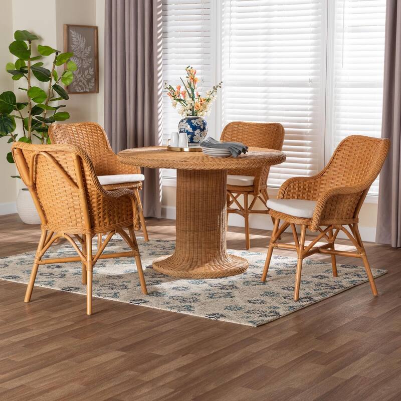 Wistan 5-Piece Rattan Dining Set - Round Wicker Table with Pedestal Base and 4 Armchairs, Woven Boho Coastal Style for Dining