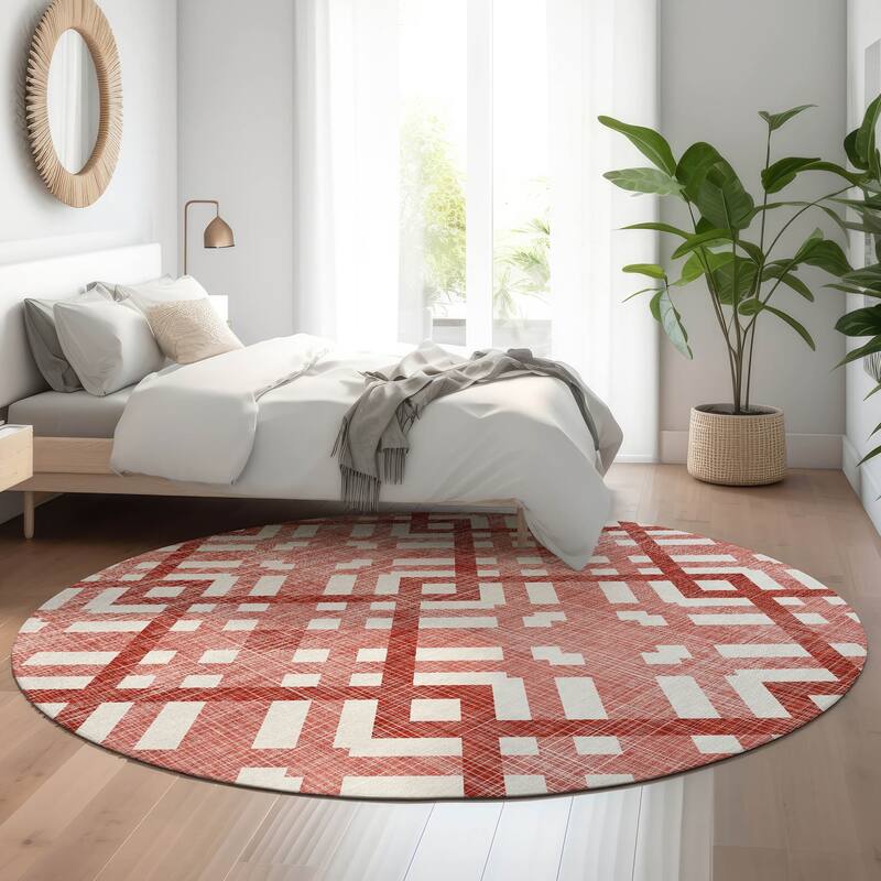 Premium Washable Super Soft Contemporary Geo Mayfield Rug - Red - 8' x 8' - Round