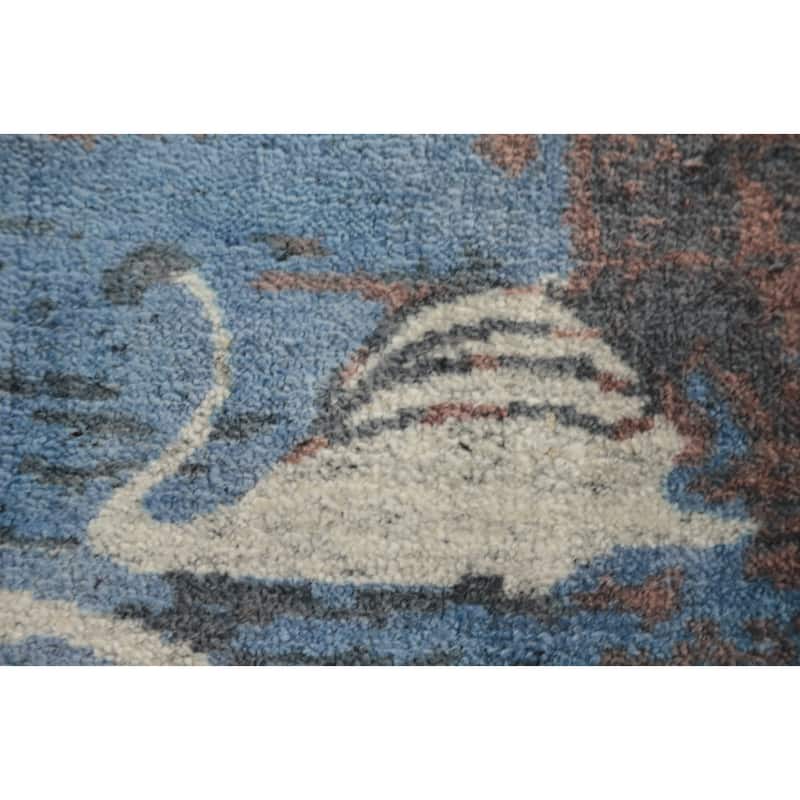 Hand Knotted Oriental Viscose Silk Carpet Modern Pictorial Navy Blue & Blues Abstract Area Rug - 8' 0'' X 4' 11''