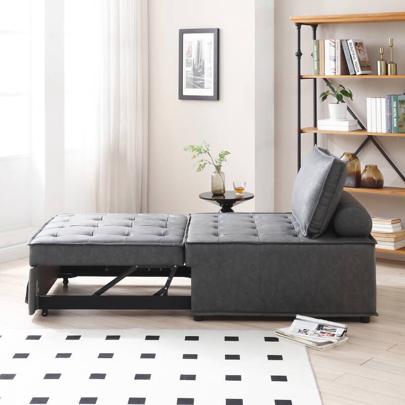 Dark Grey 39" Faux Leather Single Multipurpose Ottoman Pull Out Sofa Bed with Adjustable Backrest and Pillow for Living Room