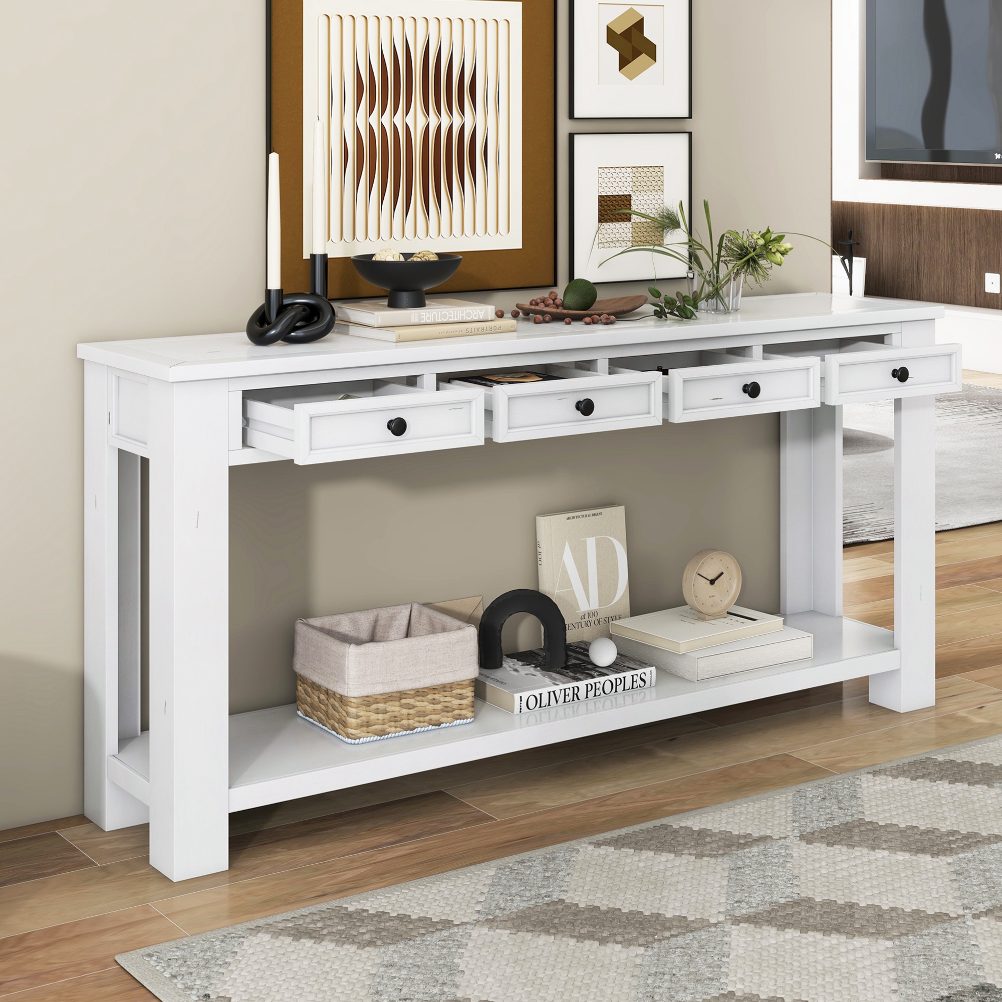 Antique White Console Table Entry Hallway Table 63 Wood Rectangular Sofa Side Table with 4 Storage Drawers and Bottom Shelf