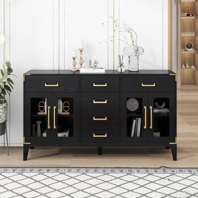 Elegant Vintage Blue and Black Sideboard with Large Storage, Solid Wood Legs, and Glass Cabinets
