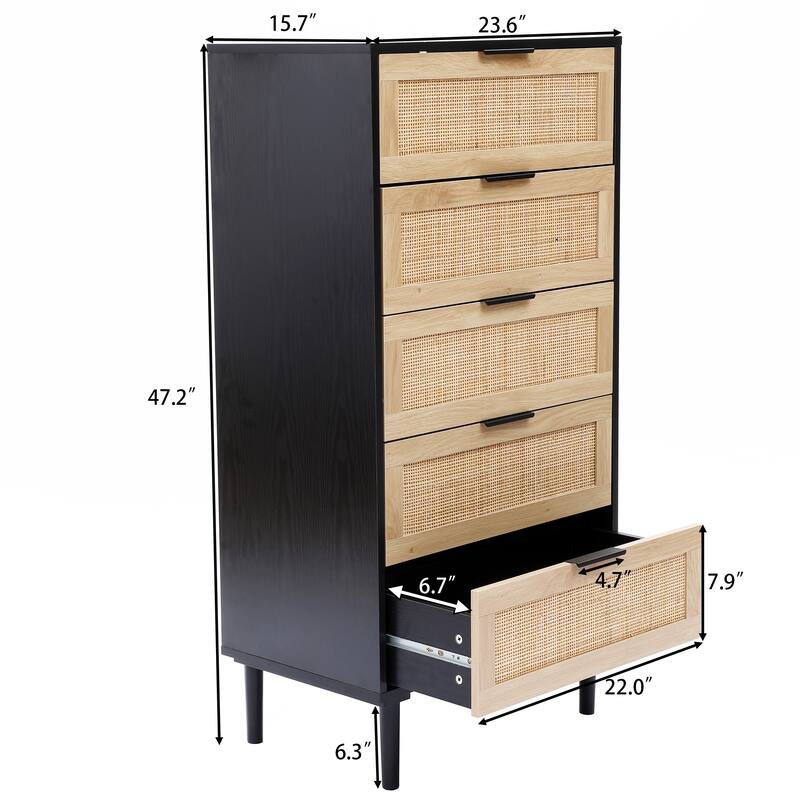 5 Drawer Rattan Dresser - Black/Natural