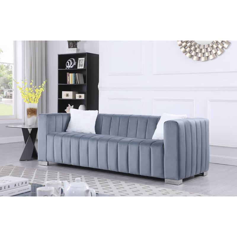 Velvet Channel Tufted 3-seater Sofa with Pillows