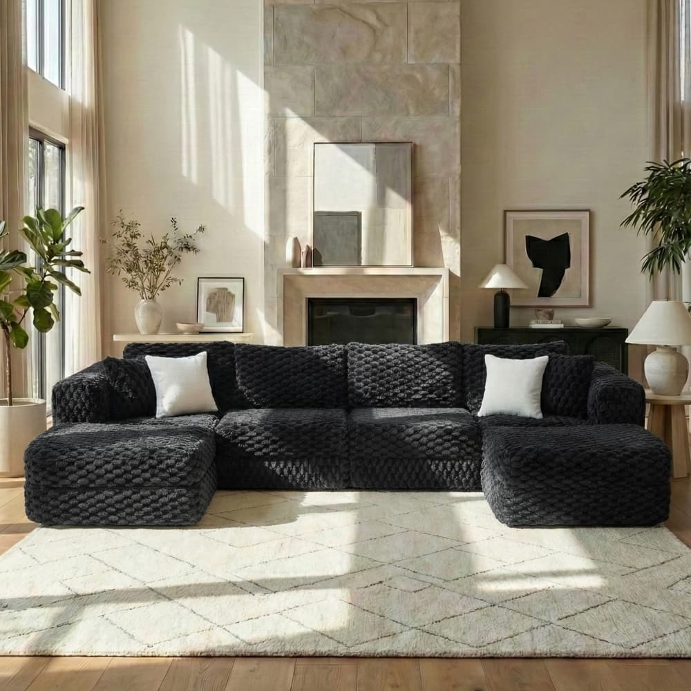 135.4" Bubble Velvet Fabric Sectional Sofa with 2 Ottomans