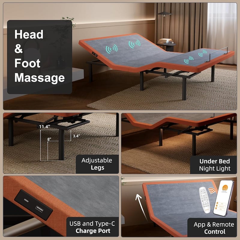 ESHINE Adjustable Bed Frame - Massage, Pillow-tilt, 5000 Series