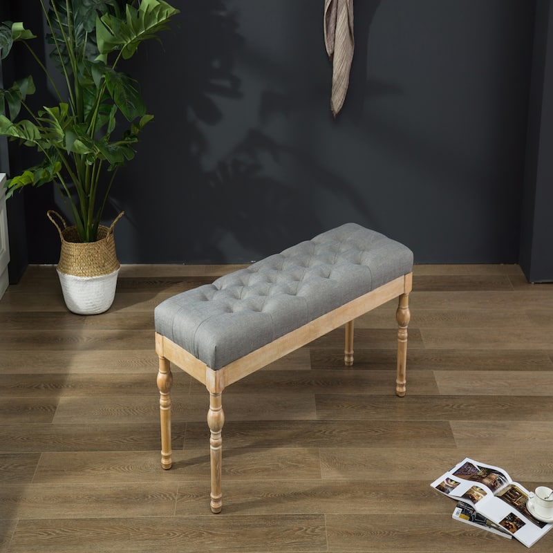 Solid Wood Button Tufted Dining Bench, Grey
