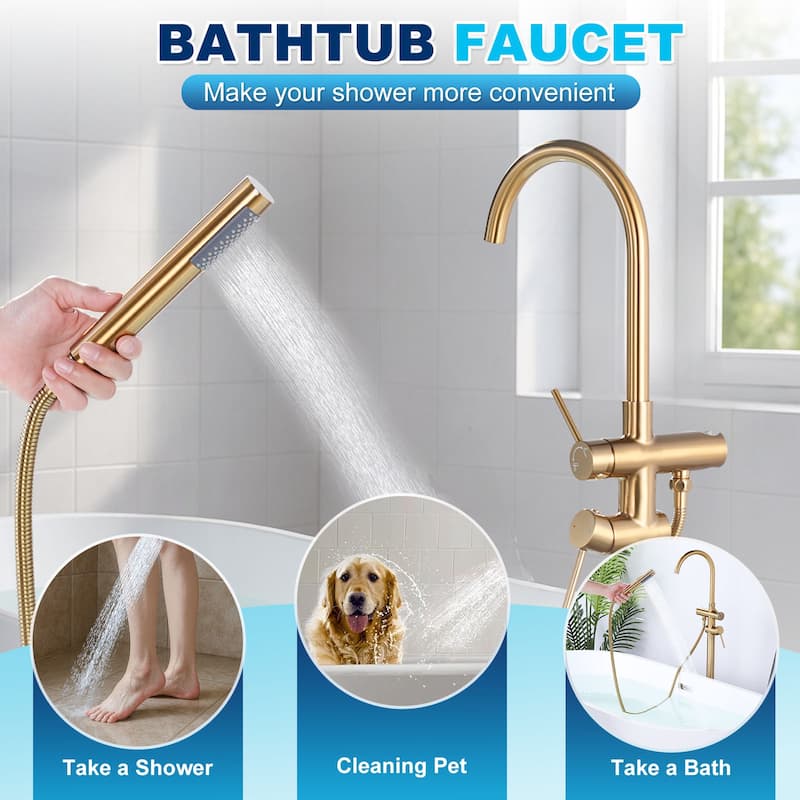 WOWOW Double Handle Freestanding Tub Faucet with Handheld Shower