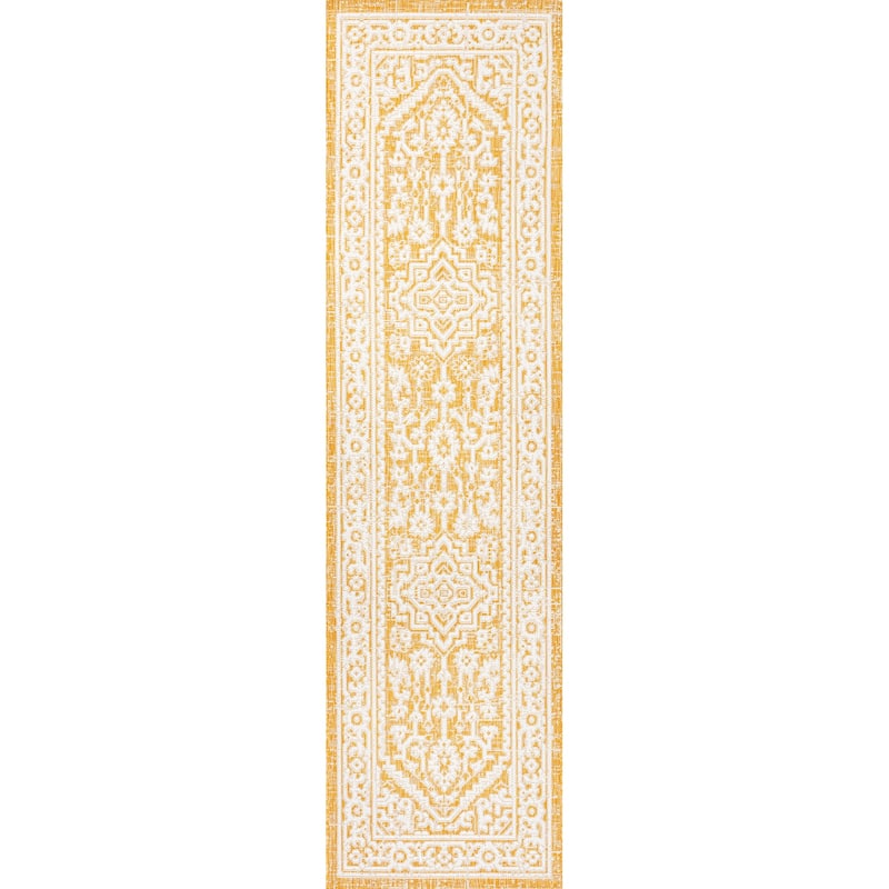 JONATHAN Y Rozetta Medallion Textured Weave Indoor/Outdoor Area Rug - 2 X 10 - Yellow/Cream