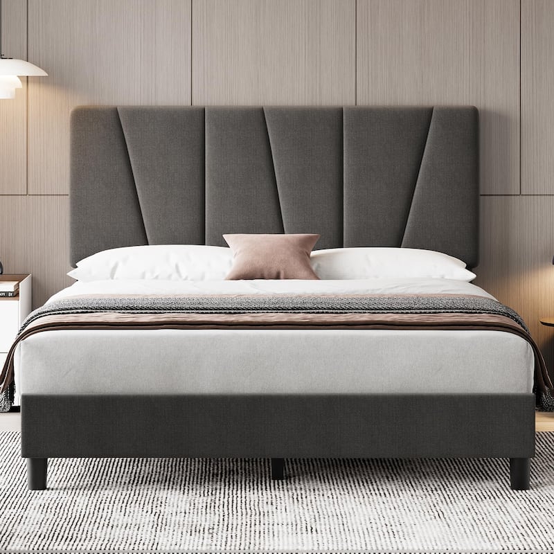 Grey Velvet Upholstered Platform Bed Frame with Wooden Slats