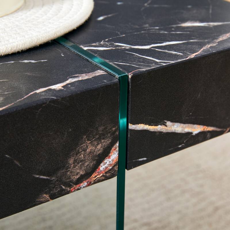 Roomfitters White Marble MDF Coffee Table with Tempered Glass Legs, Side or Display Table for Modern Living Room