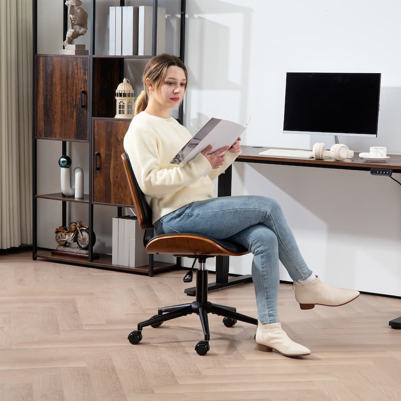 HOMCOM Home Office Chair No Arms with Wheels, PU Leather Mid Back Small Desk Chair with Adjustable Height, 360 Degree Swivel