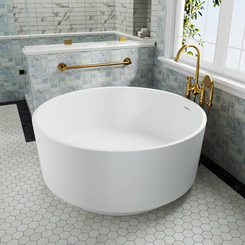 49 in. Freestanding Solid Surface Round Soaking Bathtub in Matte White, Compact Design with Center Drain