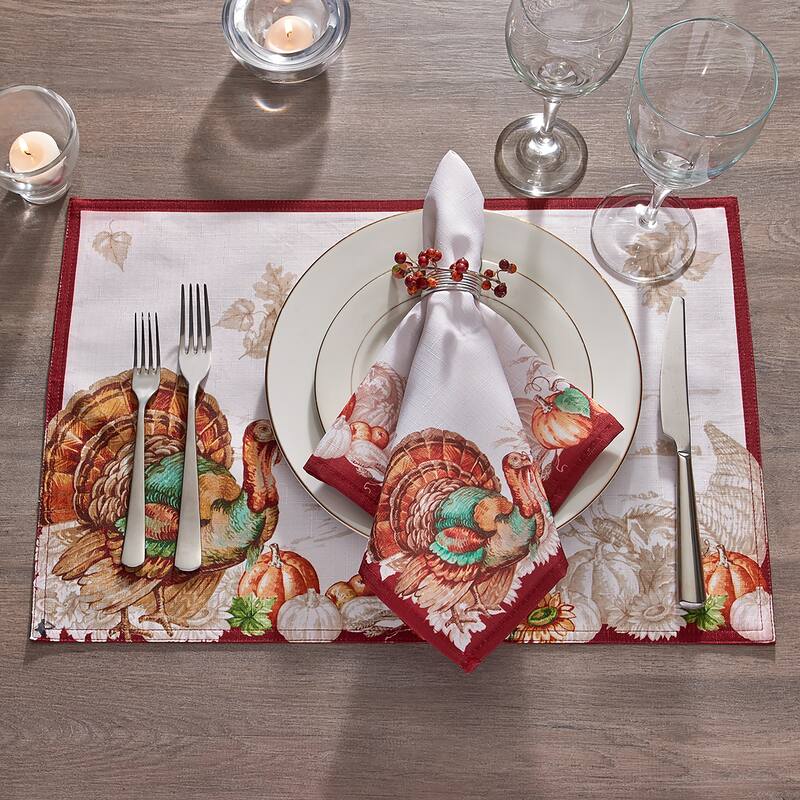 Holiday Turkey Bordered Fall Napkins, Set of 8 - 17"x17"
