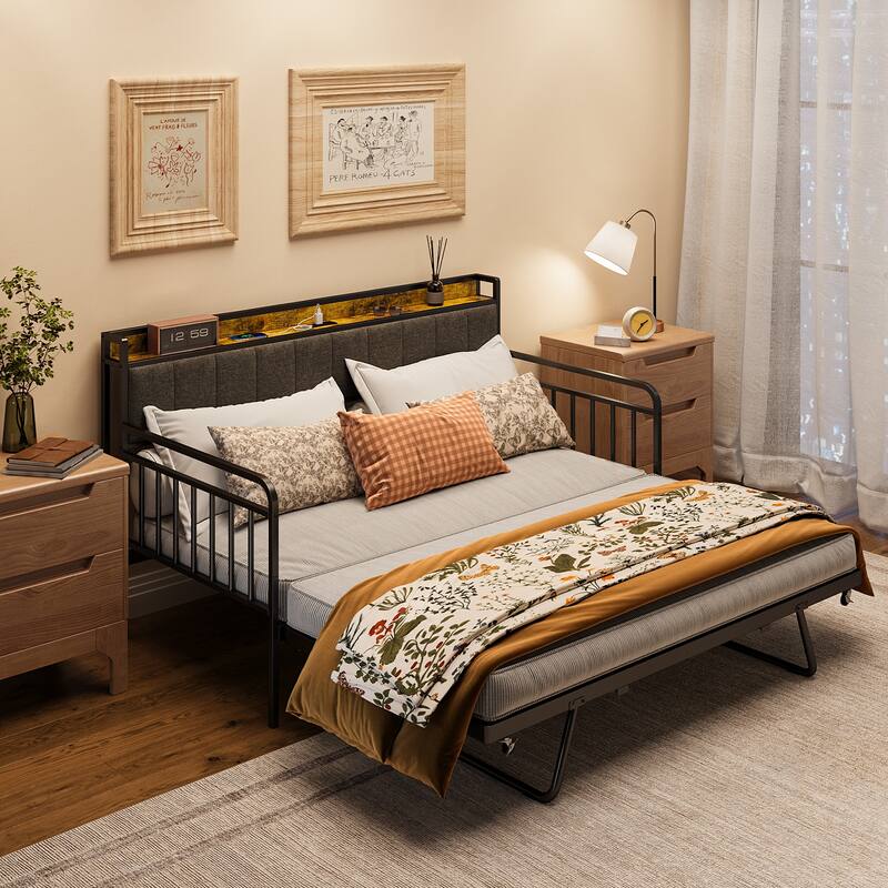 Daybed with Trundle, Twin Bed Frame with Upholstered Headboard and Charging Station