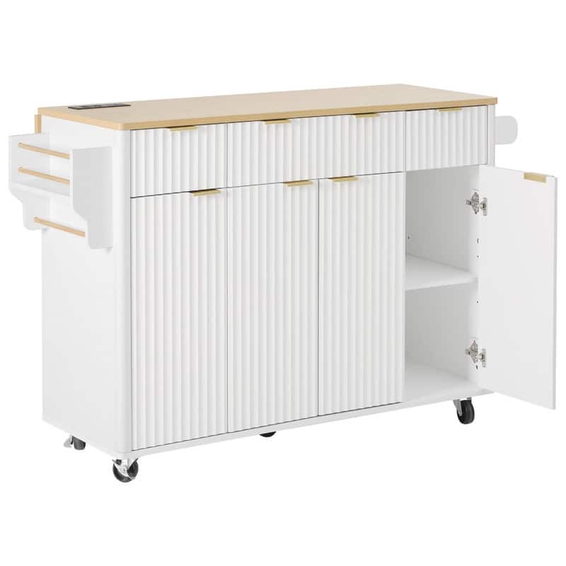 Fluted 55.5" Kitchen Island with Drop Leaf, Rolling Island Table with Drawers, Power Outlet for Functional Kitchen Organization