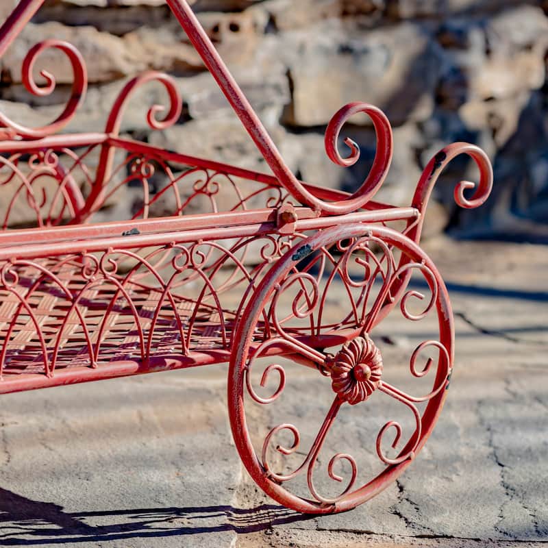 Two Tier Iron Flower Push Cart in Flamingo Pink "Odesa 1794" - 21.65x33.85x36.61