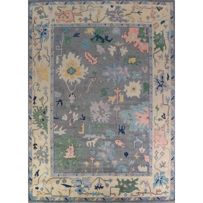 Gray Floral Oushak Indian Large Rug Handmade Wool Carpet - 11'9" x 14'11"