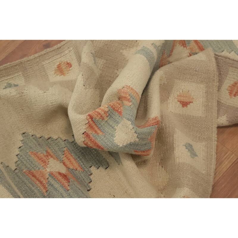Hand Woven Oriental 100% Wool Carpet Southwestern Tribal Beige & Ivories Kilim Runner Rug - 8' 0'' X 2' 0''