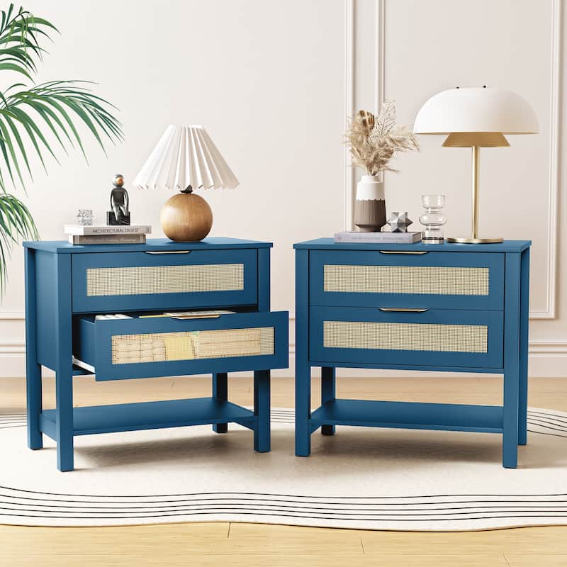 Rattan Nightstand with 2 Drawers and Storage Shelf Boho Bedside Narrow Side Table for Bedroom