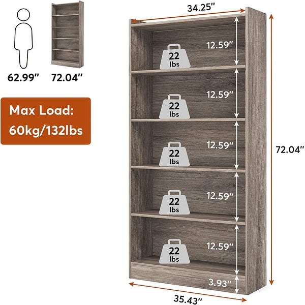 dimension image slide 4 of 5, 6-Tier Wood Bookcase, 72" Large Tall Bookshelf with Storage Shelves