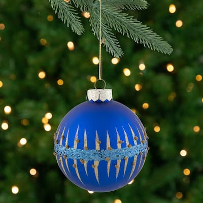 4" Blue and Gold Glitter Glass Ball Christmas Ornament