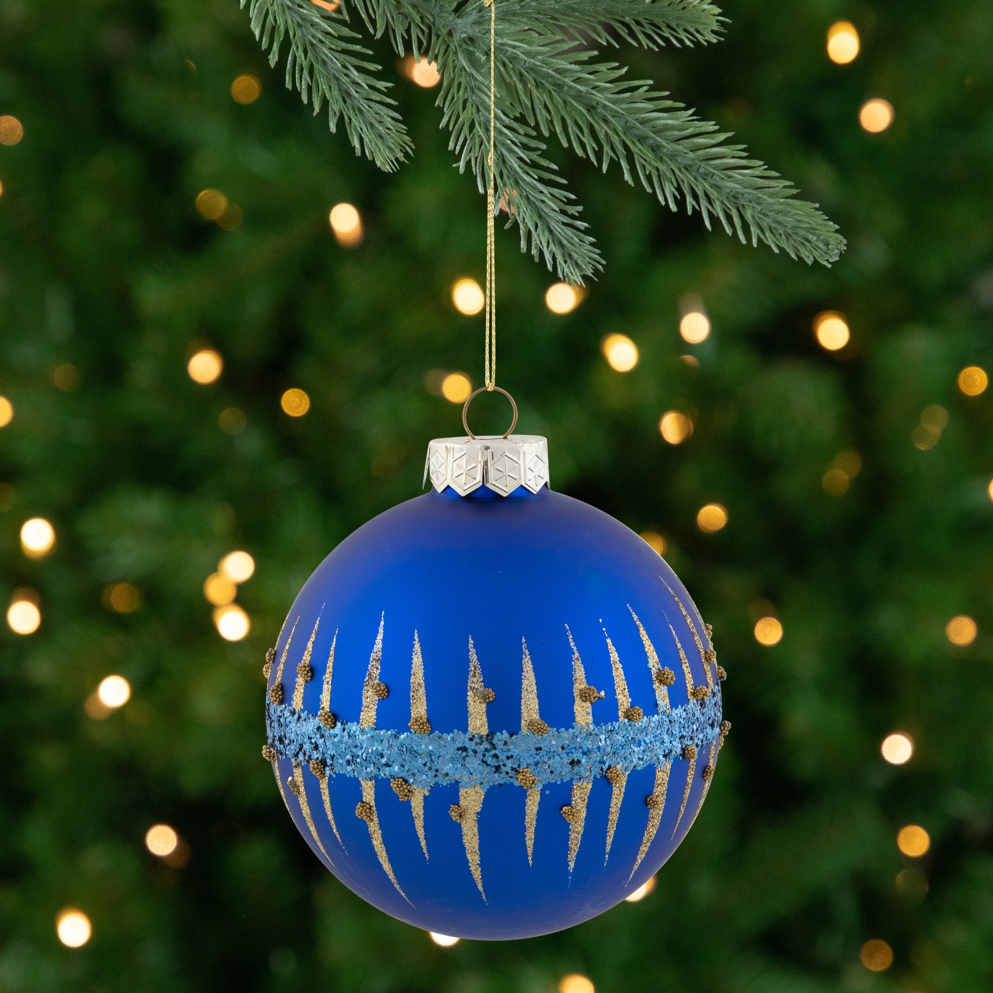 4" Blue and Gold Glitter Glass Ball Christmas Ornament
