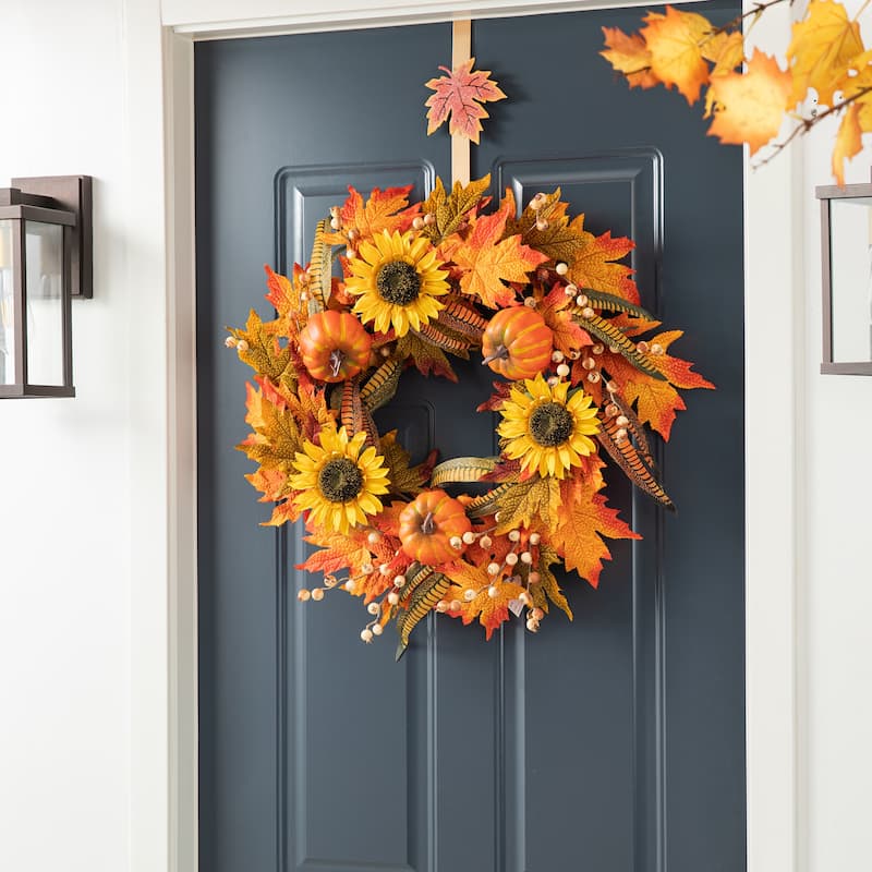 Glitzhome 24"D Fall Pumpkin Sunflower Lotus Floral & Wreath for Thanksgiving