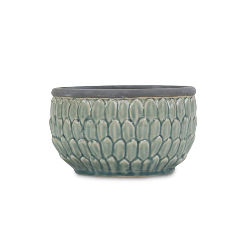 HomeRoots 8" Aqua Textural Tone On Tone Ceramic Indoor Outdoor Round Pot Planter