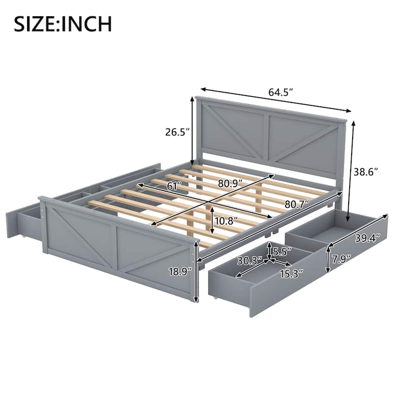 Queen Size Wooden Platform Bed with Four Storage Drawers and Support Legs