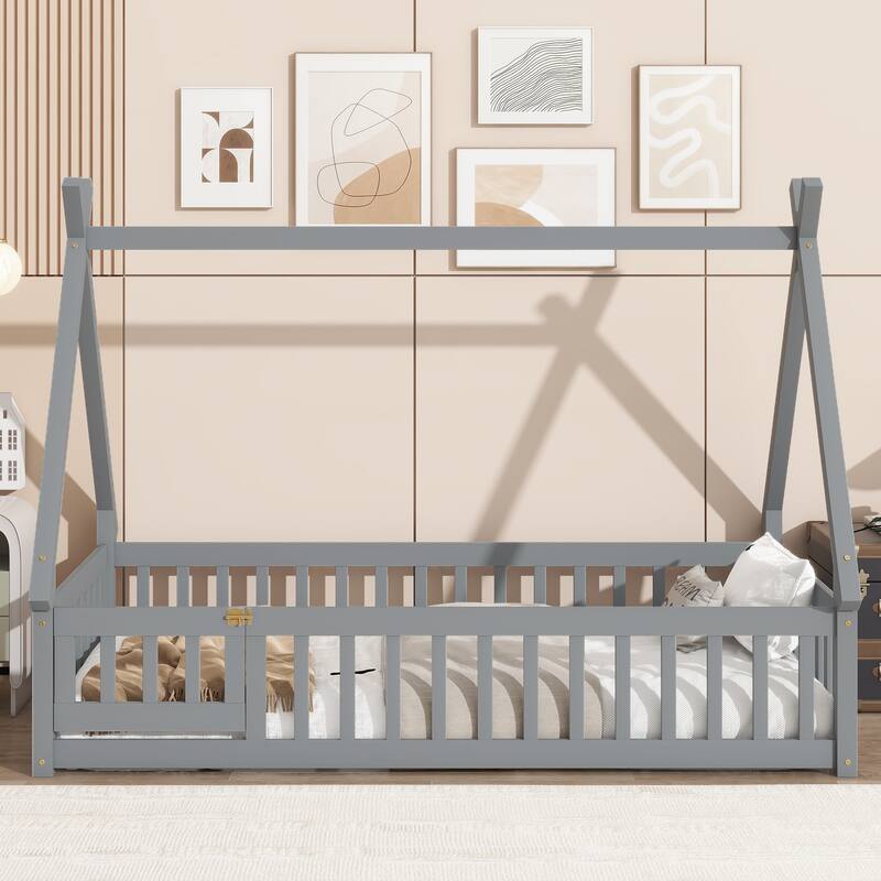 Tent-Shaped Floor Bed, Wooden Kids Teepee Bed with Fence and Door