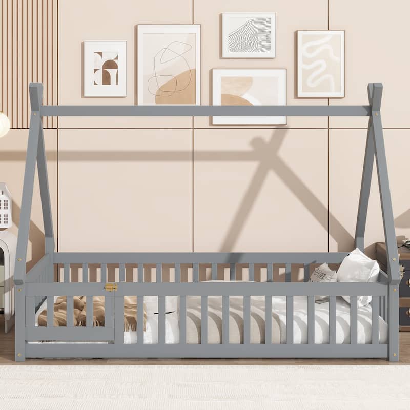 Twin Tent-shaped Floor Bed with Guardrails, Slats, and Door in Grey - Grey