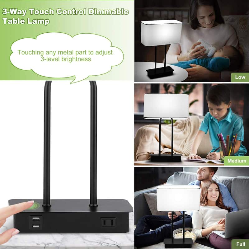 Bedside Touch Control Table Lamp with Dual USB Charging Ports 1 AC Outlet, 3 Way Dimmable Modern Nightstand Lamp