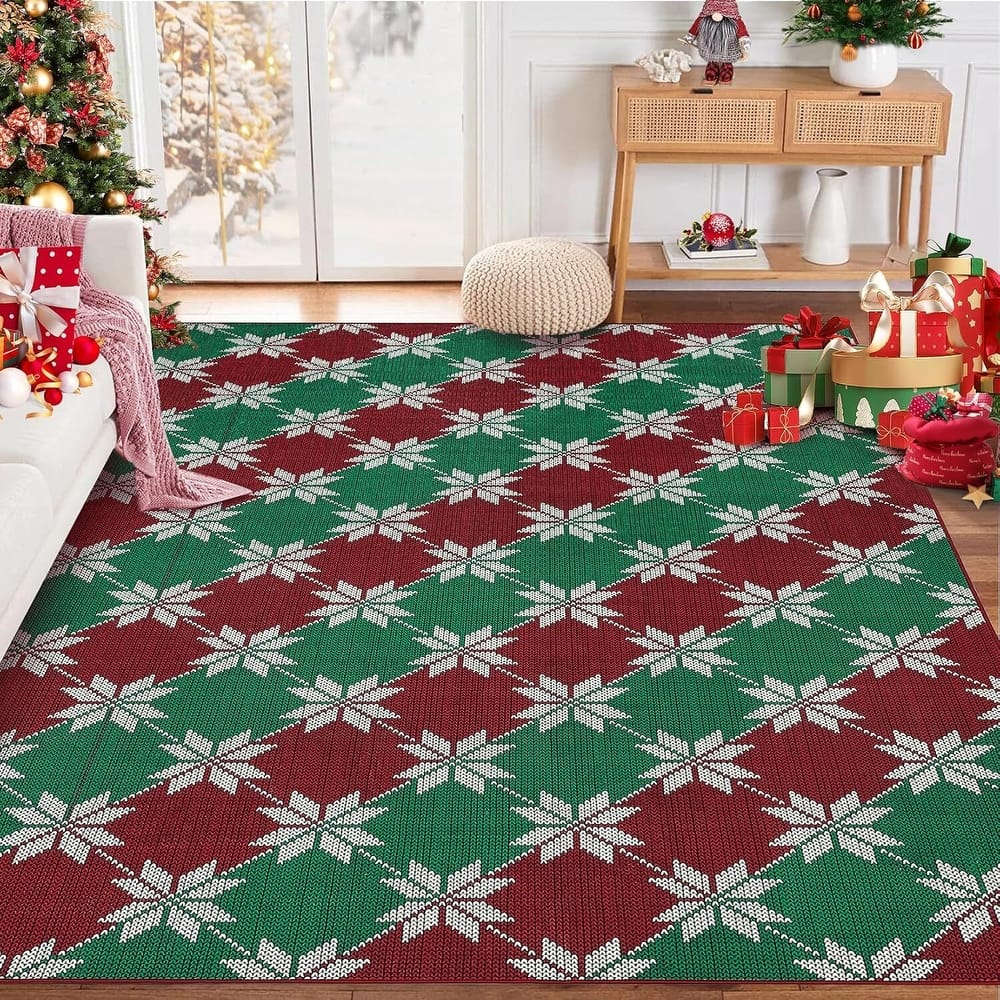 GustoWave Christmas Geometric Throw Area Rugs, Non Slip Machine Washable, Green+Red - 1'6" x 2'6"