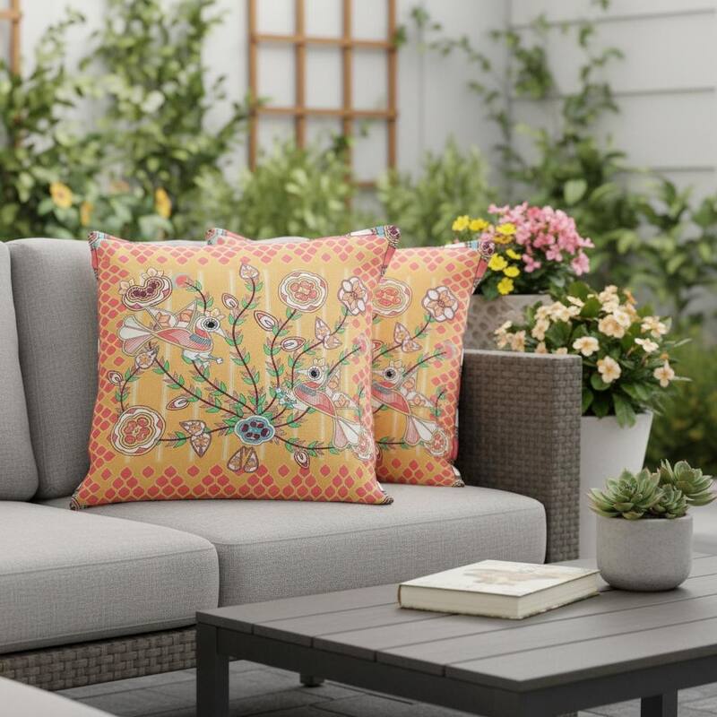 HomeRoots Set of Two 16" X 16" Yellow and Peach Peacock Blown Seam Floral Indoor Outdoor Throw Pillow - 16.00' X '16.00' X '5.00 - Peach/Yellow - 16.00' X '16.00' X '5.00