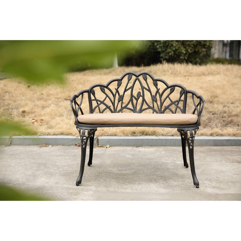 Tulip Patio Garden Bench Metal Park Bench Cast Aluminum Outdoor Furniture With Floral Rose For Patio (Excluding the table)