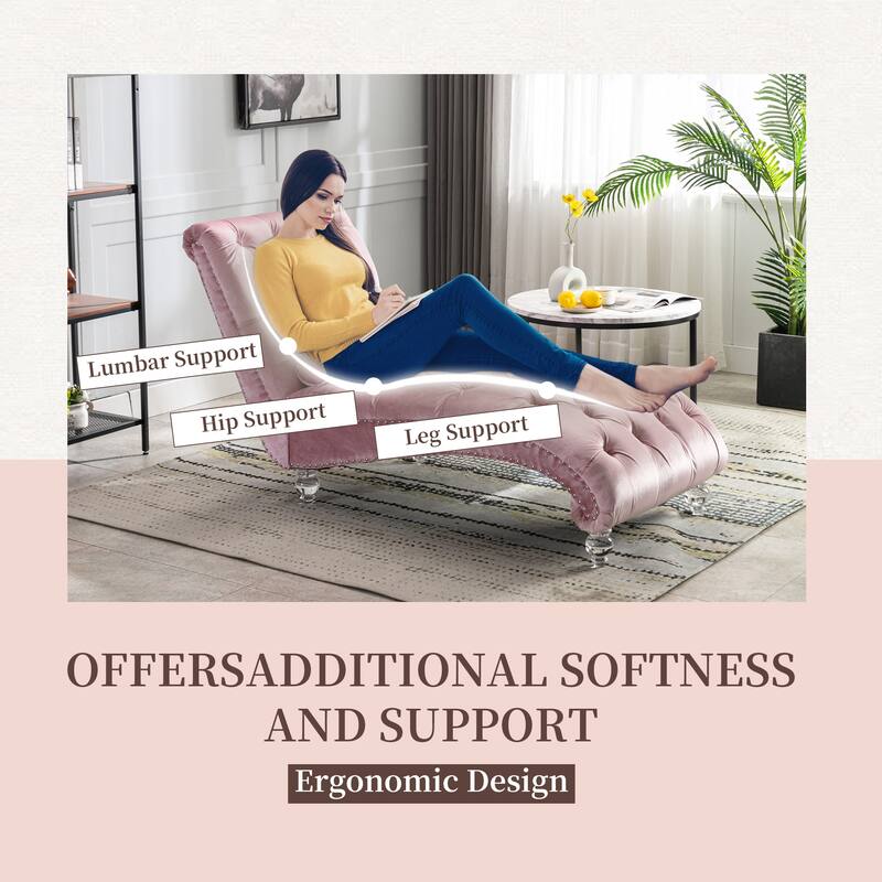 Velvet Tufted Chaise Lounge Chair Ergonomic S Shape Recliner with Pillow, Nailhead Trim and Acrylic Legs for Indoor Use