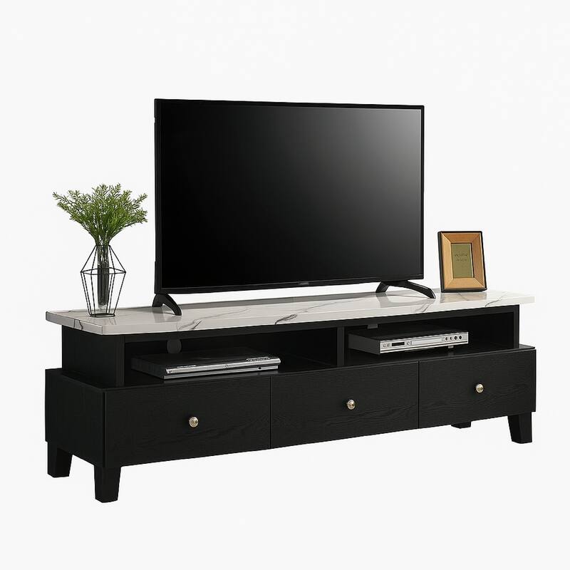 Fiaz 71 Inch TV Stand Media Cabinet, 3 Drawers w 2 Shelves, White Top