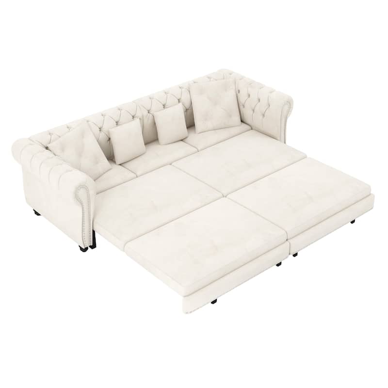 Oversized Chesterfield Loveseat Sofa, Convertible Pull Out Sleeper Sofabed Velvet Couch Bed w/Movable Ottoman and Nailhead Trim