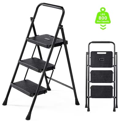Heavy Duty 3-step Folding Ladder Stool, 800lbs Capacity, for Home Kitchen and Outdoor