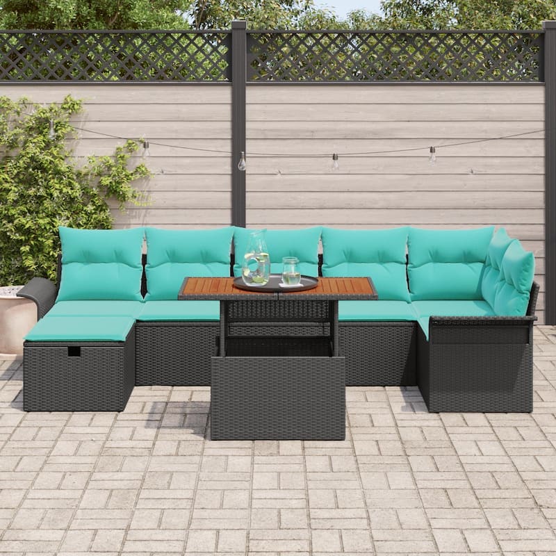 vidaXL 8 Garden Sofa Set with Cushions Black/Grey Poly Rattan - 117.1 x 52.2 x 27.2